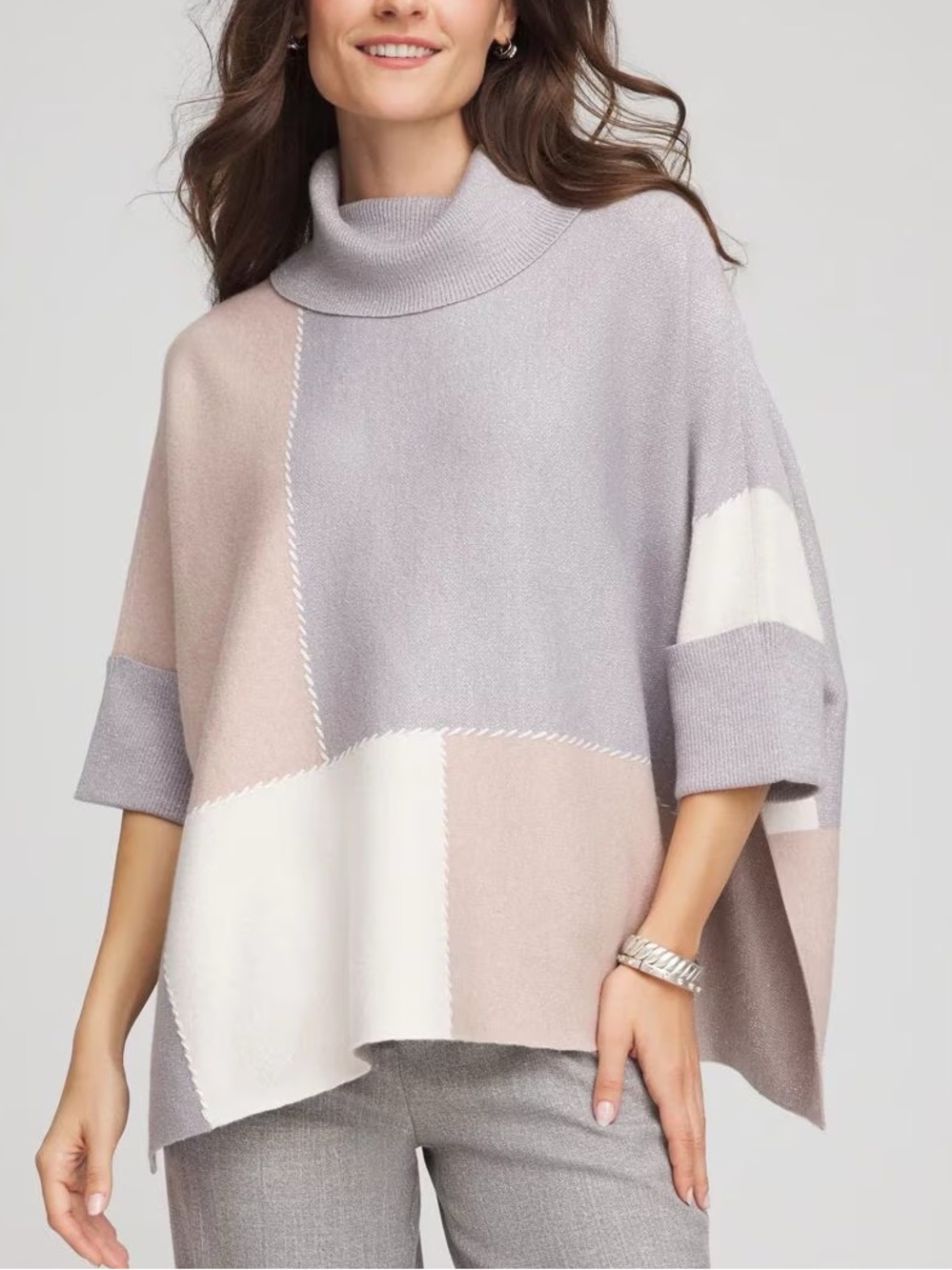 Chicos Women One Size Metallic Quilted Chic Cowl Neck Sweater Poncho NWOT